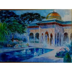Juan (jean) Sala 1869–1918 - Orientalist Watercolor - The Alhambra In Granada - 