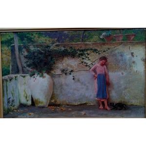WALTER MACLAREN 1869-1893 - PETITE FILLE ET SON CHAT - CIRCA 1889 - ECOLE ANGLAISE -