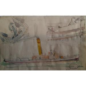 Vicente Santaolaria - Watercolor - Portrait Of A Ship - Spanish School -