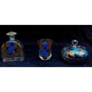 Toiletry Set - Enameled Glass - Art Deco - Geometric Pattern With Gold Accents - 
