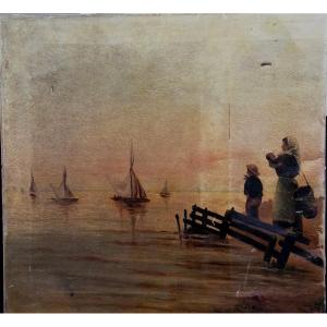 HUILE SUR TOILE - MARINE - DEPART DE LA PECHE - XIXEME - A RESTAURER - COTE D'OPALE ?