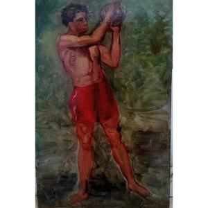 HUILE SUR PANNEAU - PORTRAIT D'UN ATHLETE - DEBUT XXEME SIECLE -