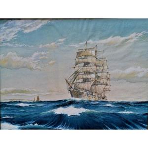 John A. Stewart - Ecole Anglaise - Né en 1941 - Marine - Navire Trois Mats - Gouache -