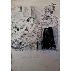 Edouard Couturier 1869-1903  - Dessin - Scene De Genre - XIX Eme - 