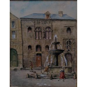 Watercolor - Former Prison Of Mantes La Jolie Under Henri IV - Charles Jouas? - XXth -