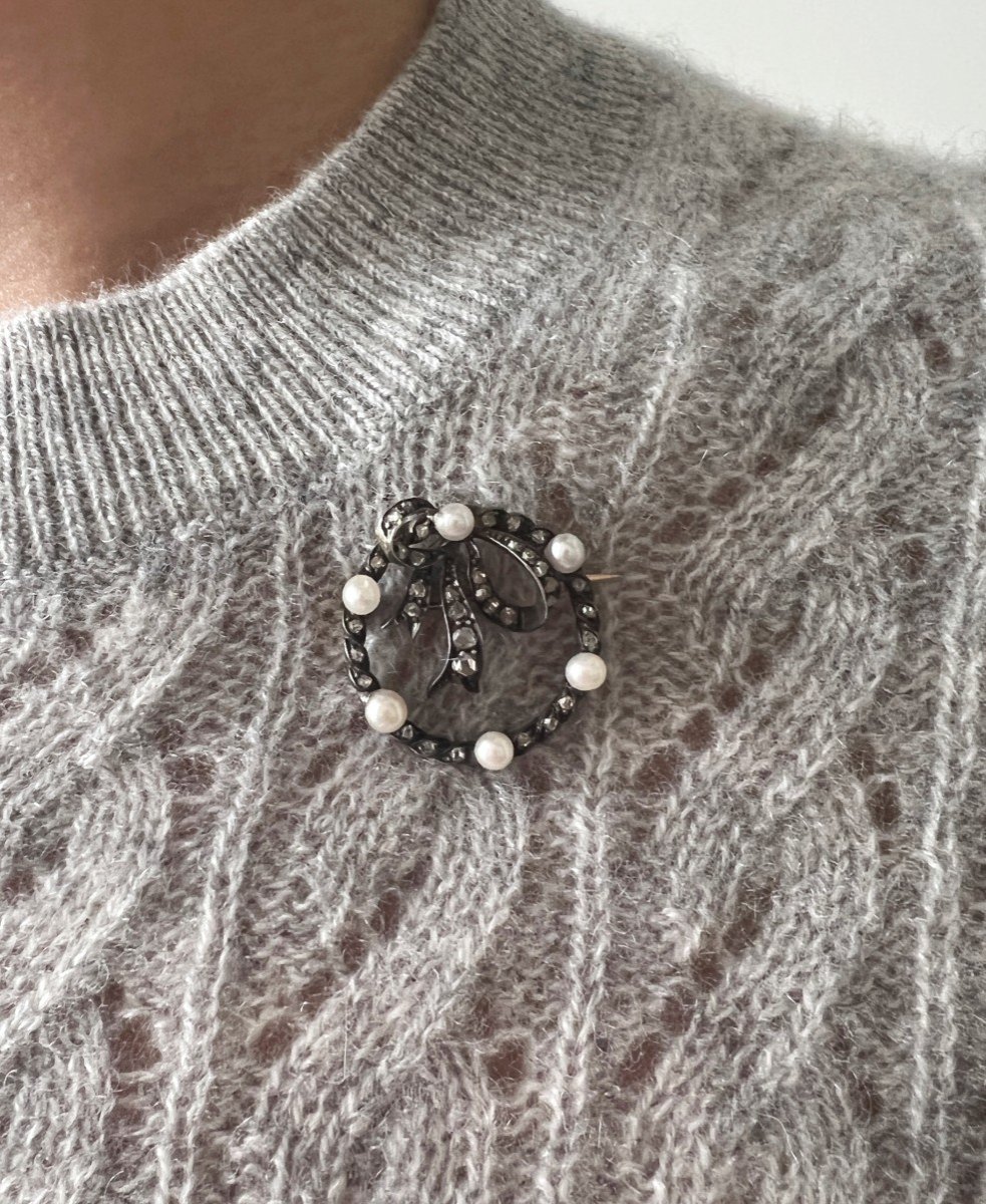 Broche Ancienne Panier Vinaigrette 19è Siècle – Or 18K, Argent, Perles Et Diamants – Bijou Vintage