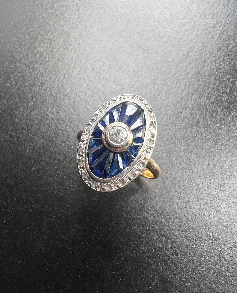 Bague Art Déco En Or 18k Avec Diamants Et Saphirs - Taille 51 (circa 1960) - Bijou Ancien Occasion