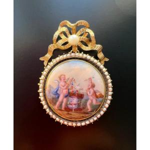 Pendentif Miniature Cupidon En Or 14k Avec Perles Fines