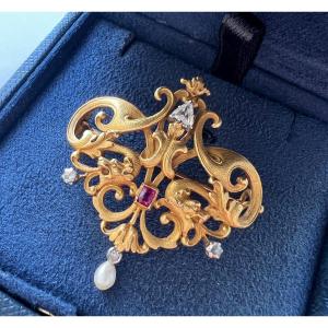 Broche Art Nouveau Double Chimères En Or 18k 