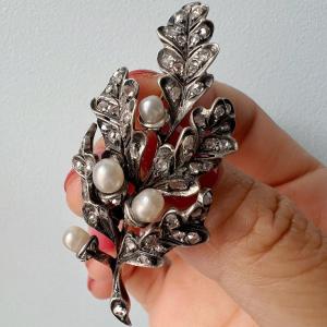Broche Gland Feuilles De Chêne En Or 18k Avec Perles Fines