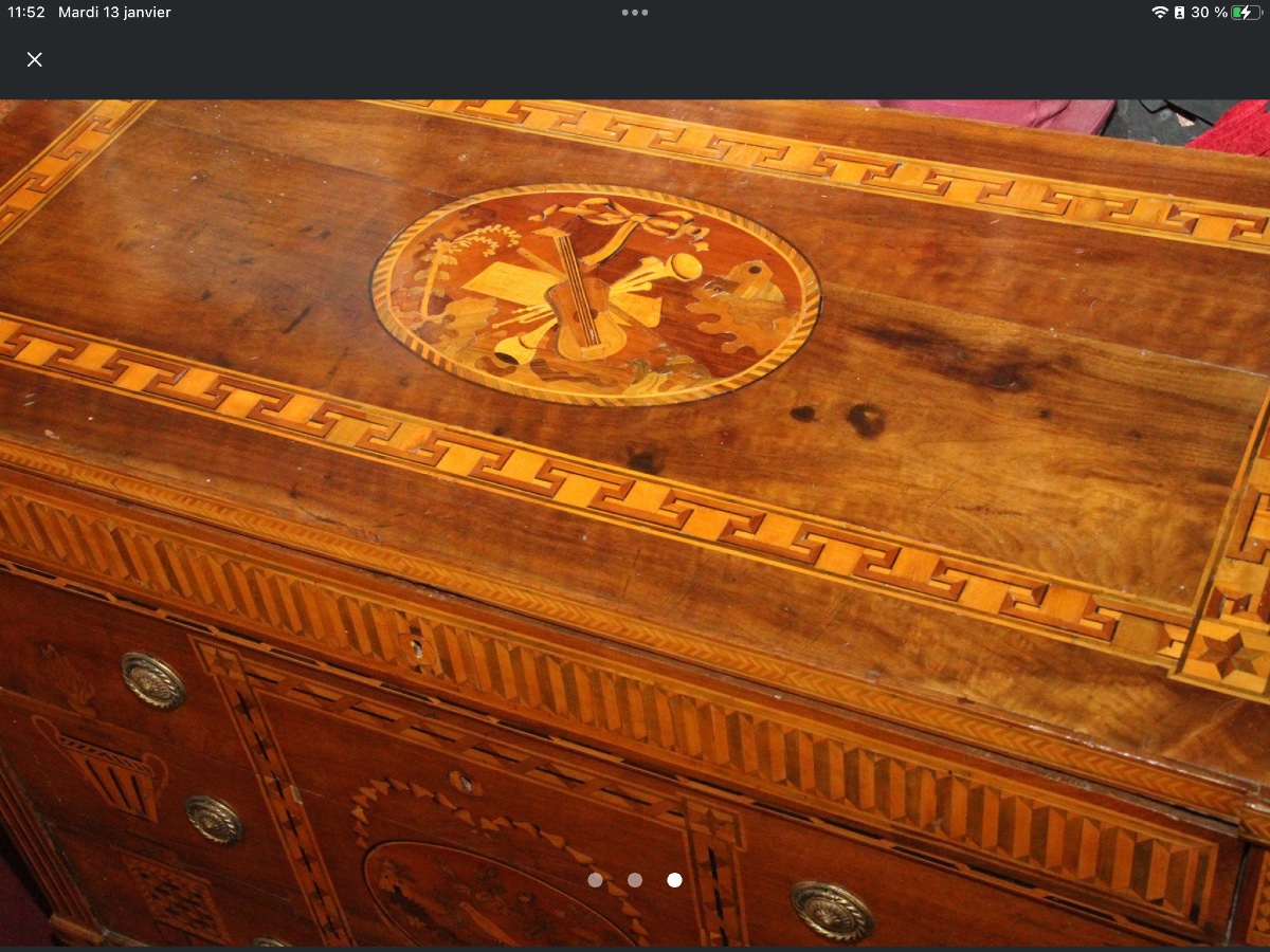 Commode de salon de Musique , entierement marqueté d'époque Louis XVI-photo-2
