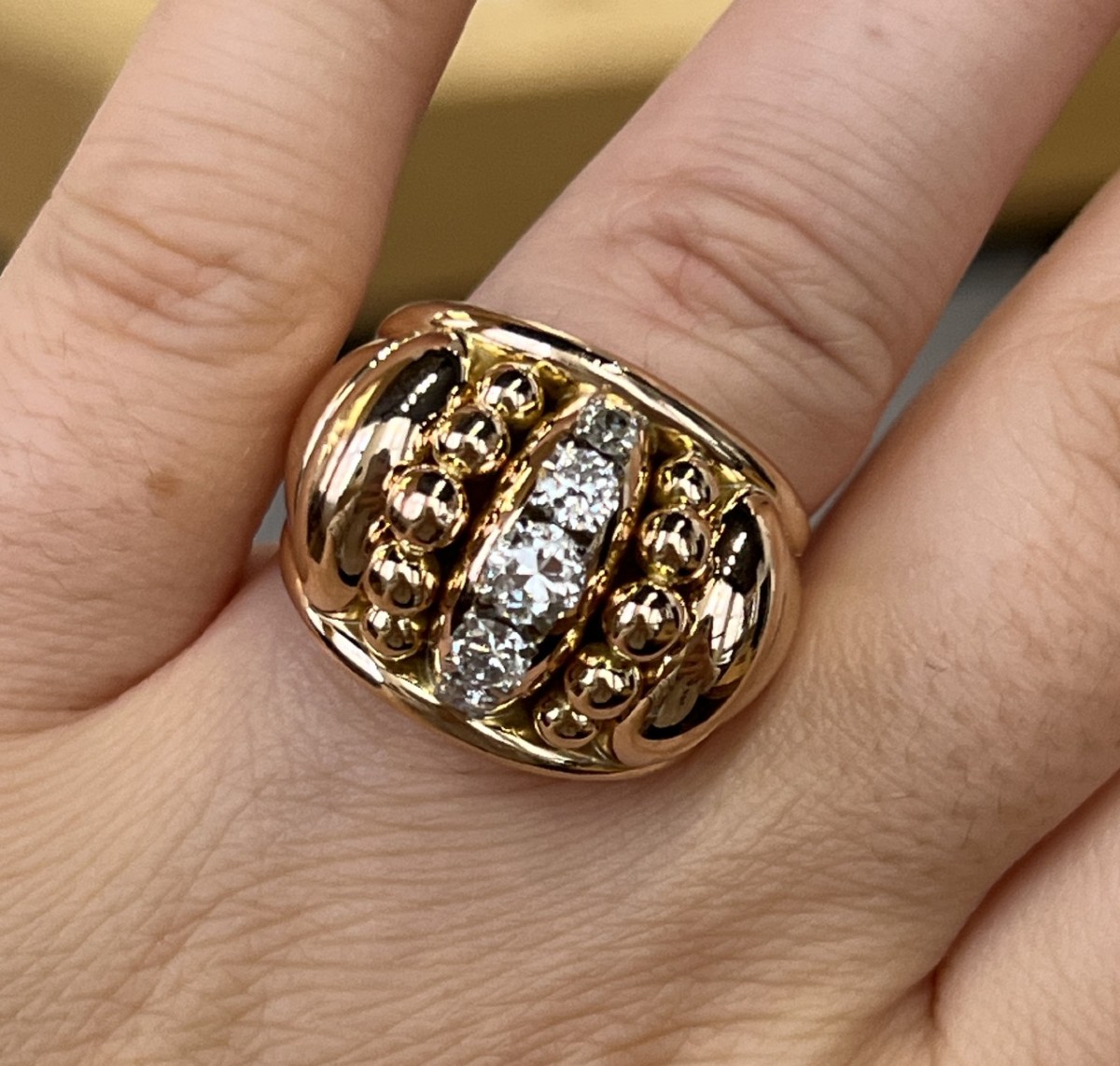 Bague Tank en or rose, platine et diamants pour 0,70 carat vers 1940-photo-4