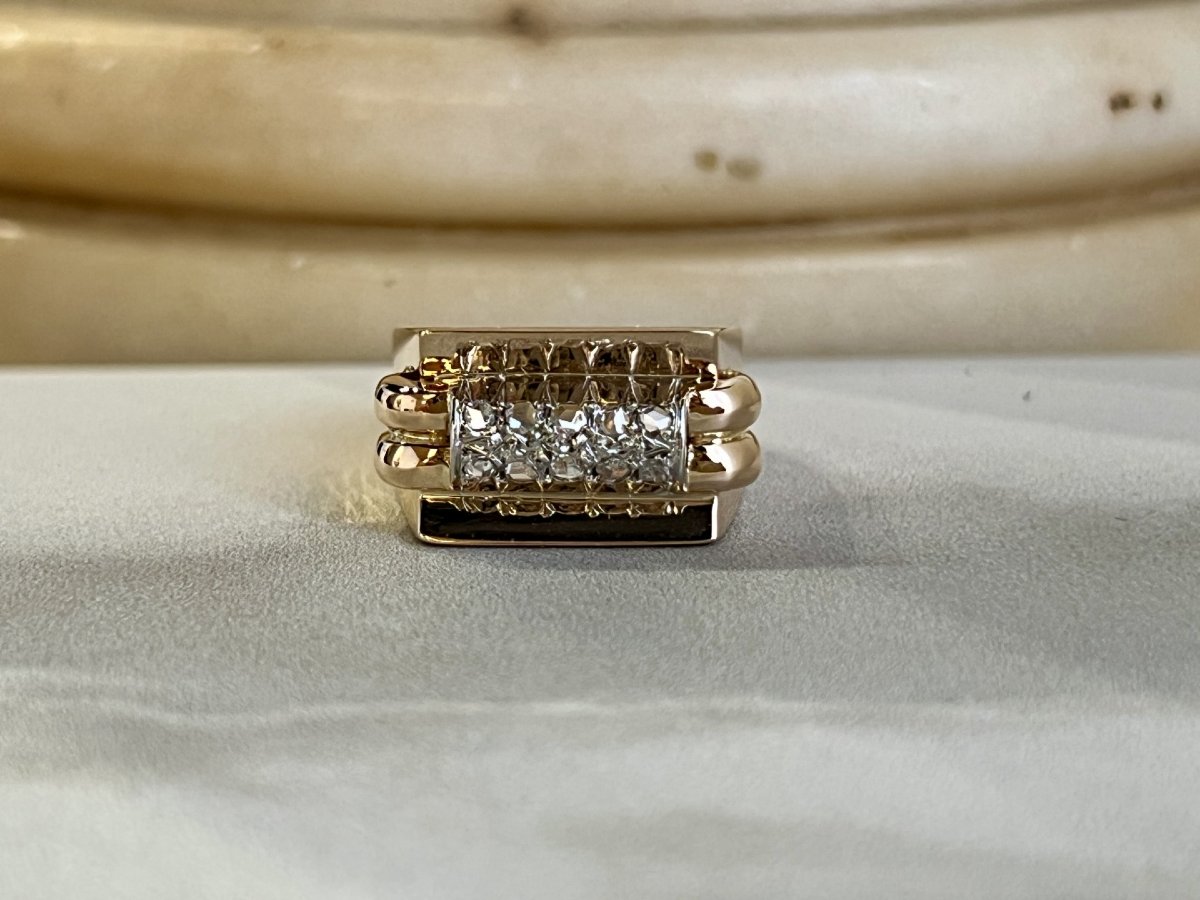 Bague Tank en or rose, platine et diamants de taille rose pour 0,15 carat vers 1940-photo-2