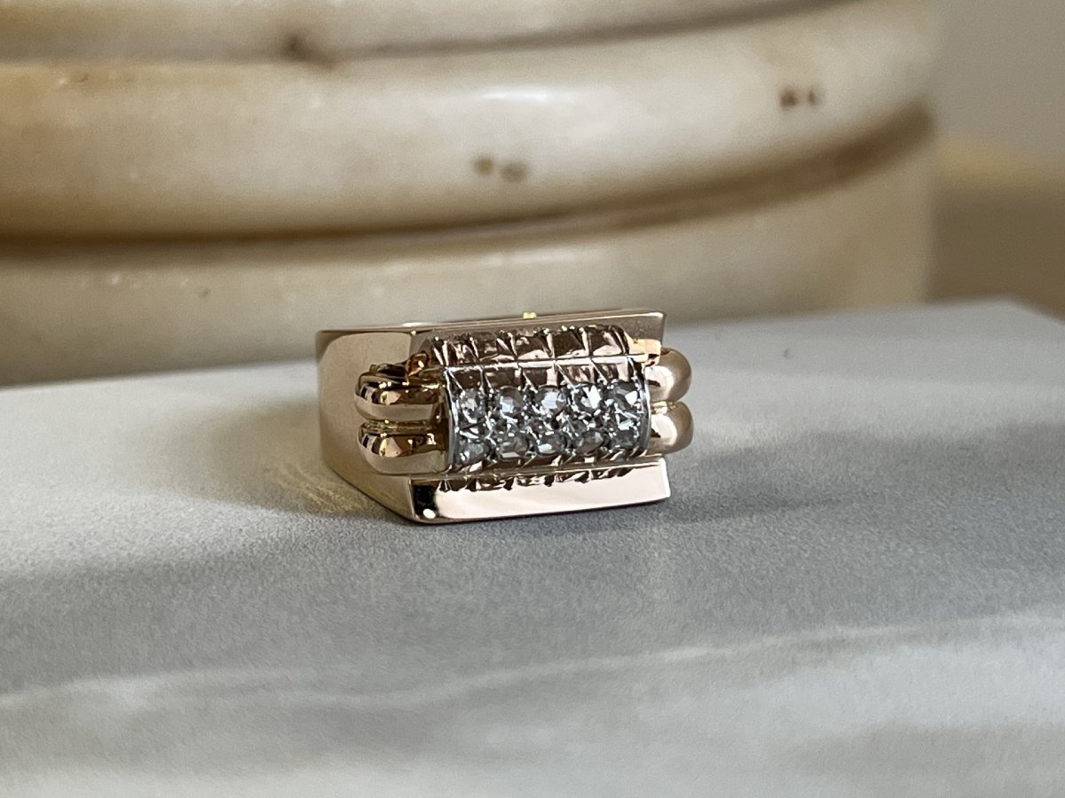 Bague Tank en or rose, platine et diamants de taille rose pour 0,15 carat vers 1940-photo-3