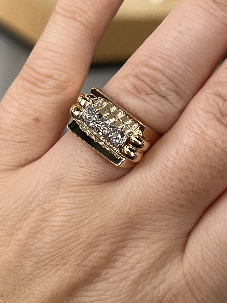 Bague Tank en or rose, platine et diamants de taille rose pour 0,15 carat vers 1940-photo-4