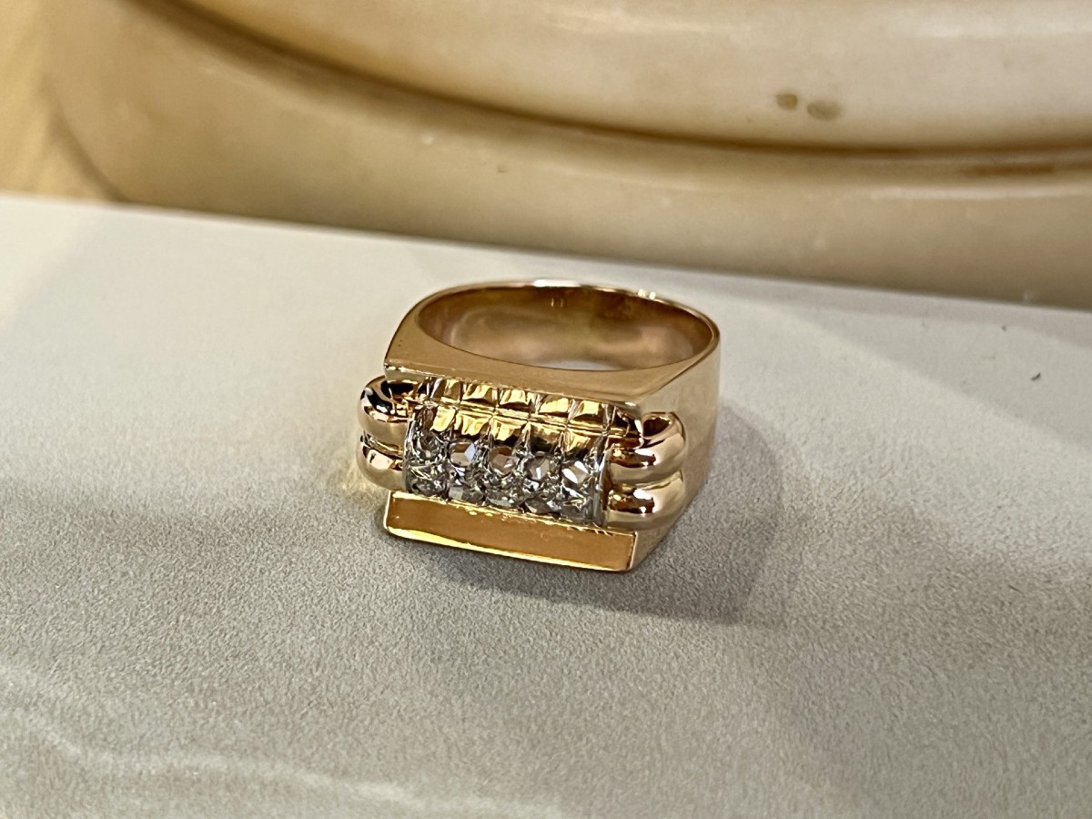 Bague Tank en or rose, platine et diamants de taille rose pour 0,15 carat vers 1940