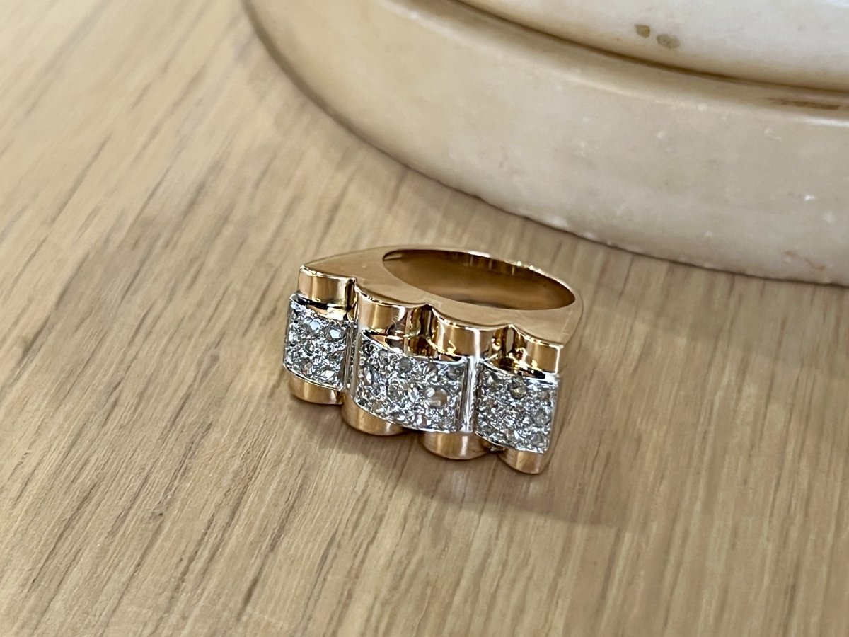 Bague Tank en or rose, platine et diamants de taille rose pour 0,60 carat vers 1940-photo-2