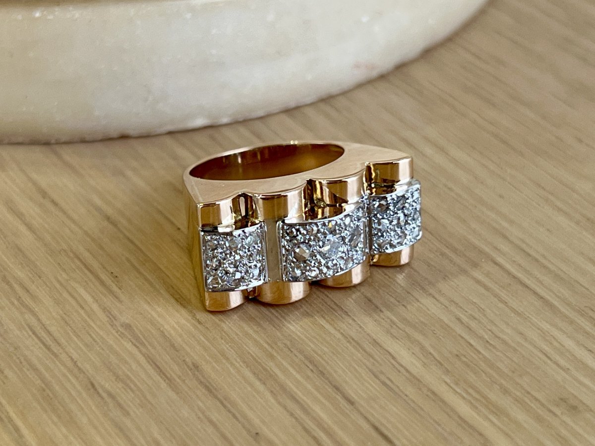 Bague Tank en or rose, platine et diamants de taille rose pour 0,60 carat vers 1940-photo-3