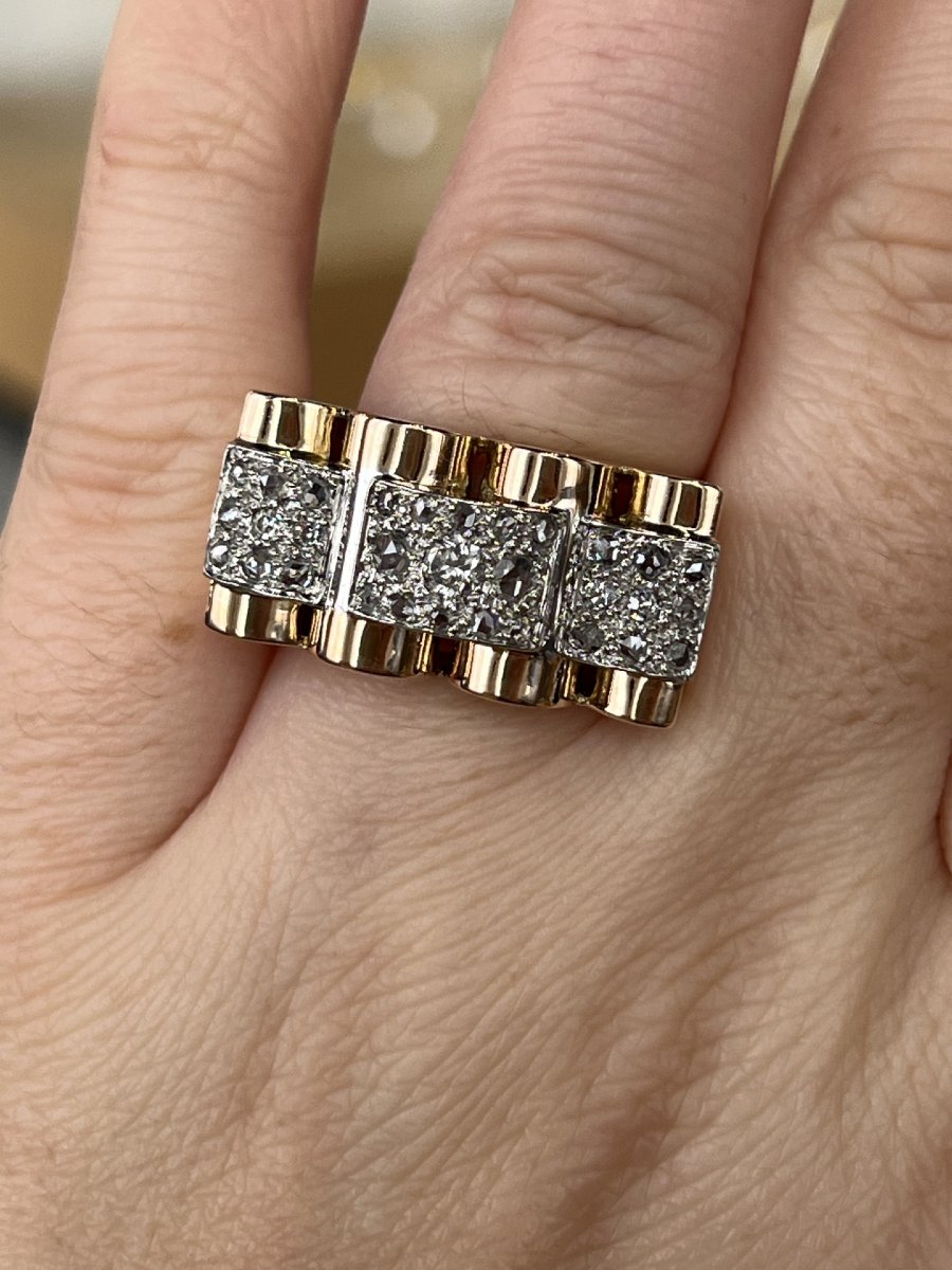 Bague Tank en or rose, platine et diamants de taille rose pour 0,60 carat vers 1940-photo-4