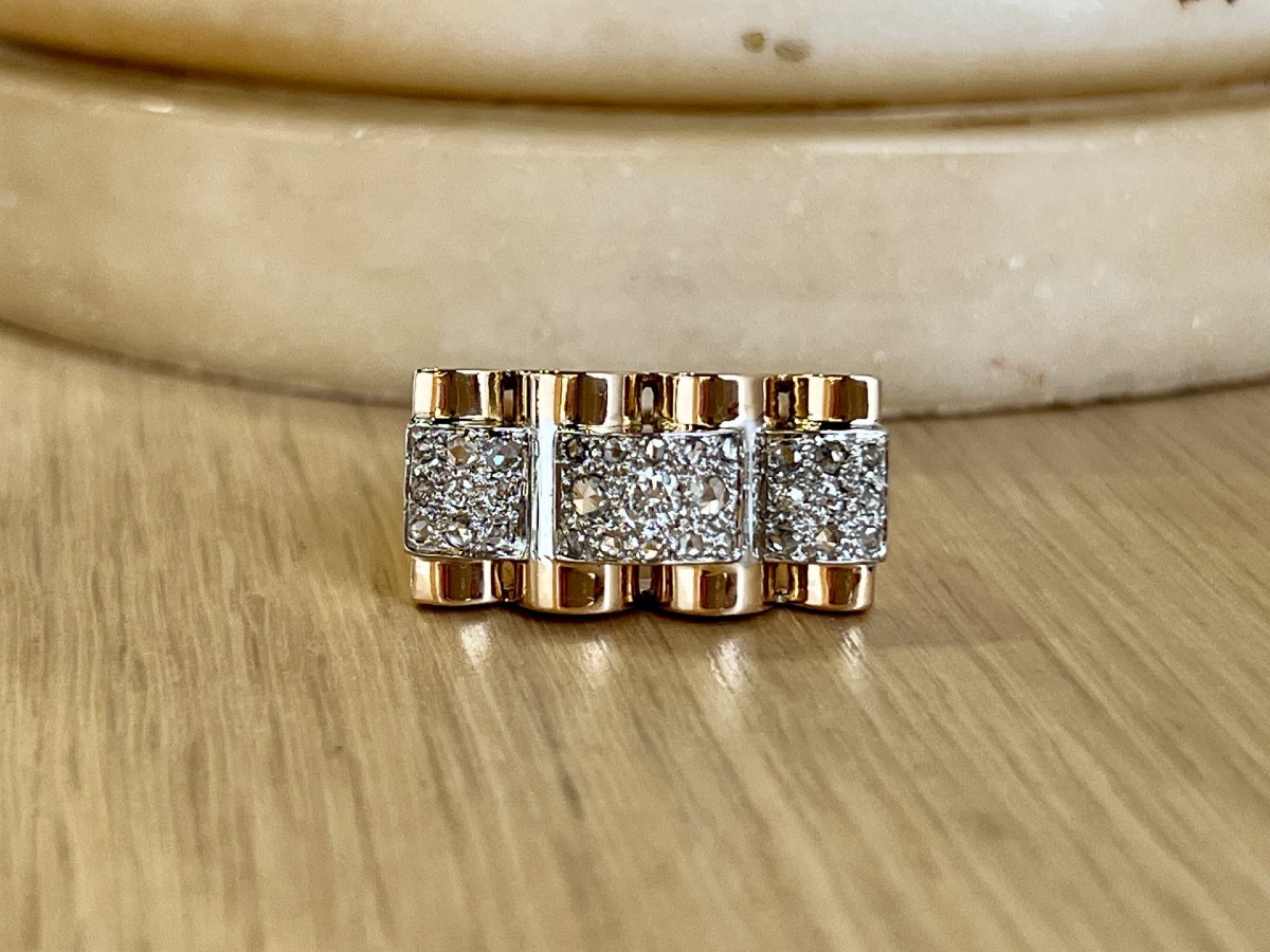 Bague Tank en or rose, platine et diamants de taille rose pour 0,60 carat vers 1940