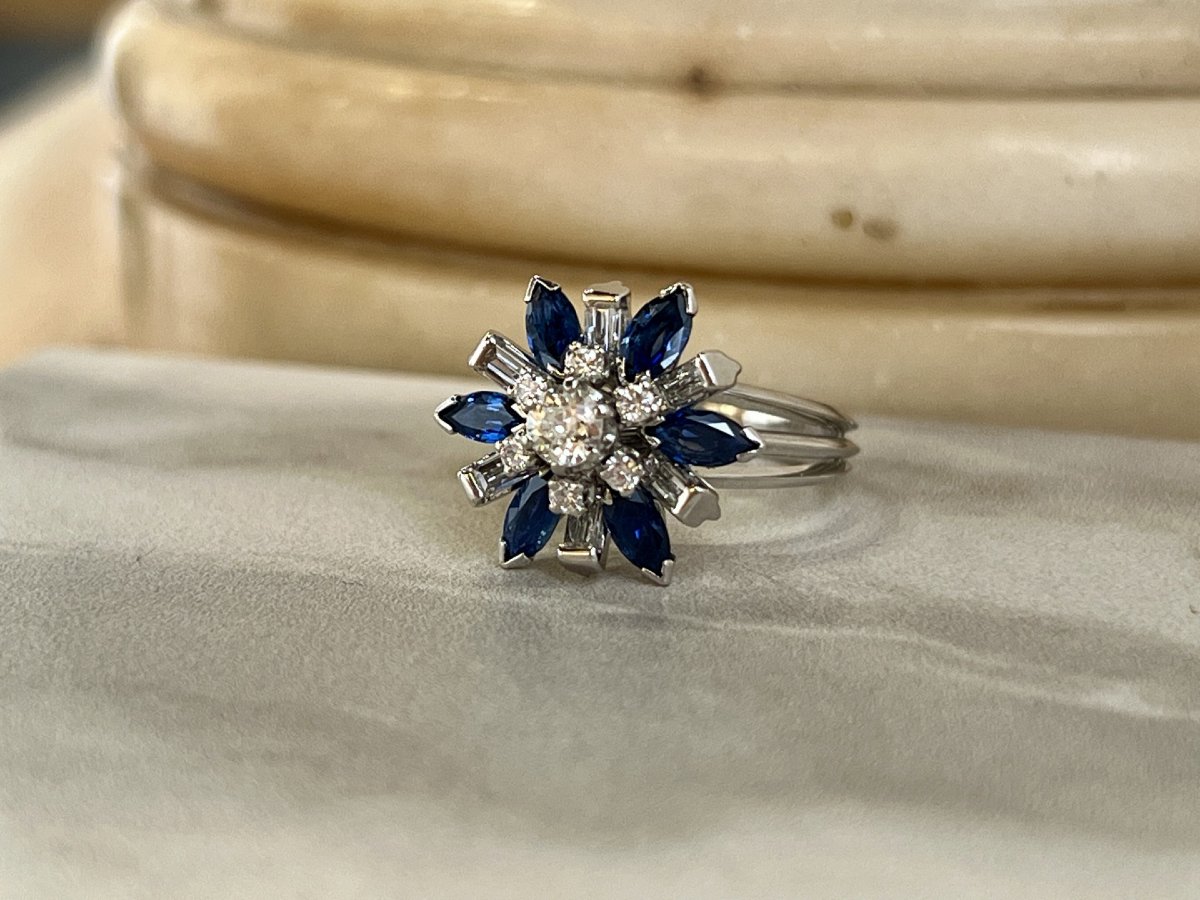 Flower Ring In White Gold, Marquise Sapphires (1 Carat), Baguette And Ta Diamonds Totaling 0.31 Carats-photo-2