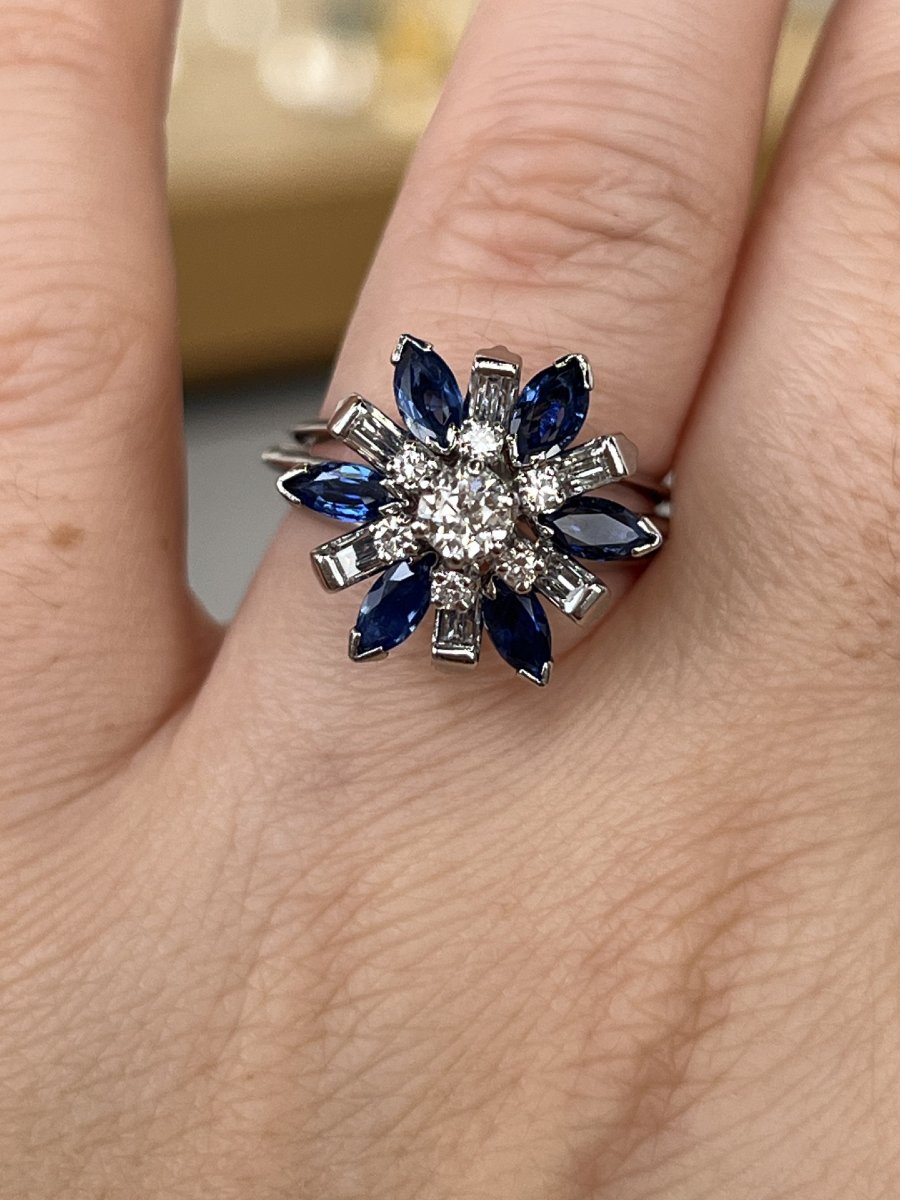 Flower Ring In White Gold, Marquise Sapphires (1 Carat), Baguette And Ta Diamonds Totaling 0.31 Carats-photo-4