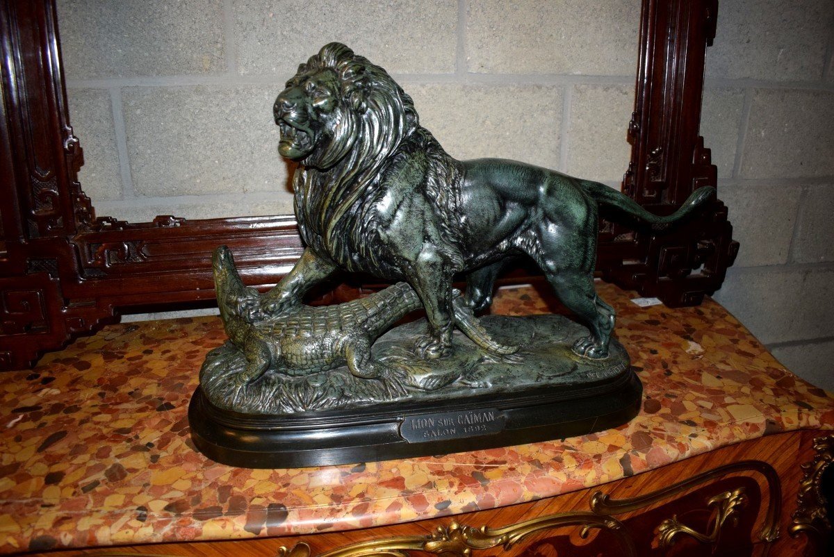 Large Bronze Sculpture "lion Slaying A Crocodile"-photo-1