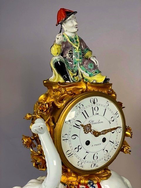 Pendule à l'éléphant en porcelaine et bronze-photo-3