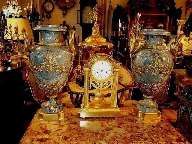 Palatial Size Pair Of Marble And Bronze Vases