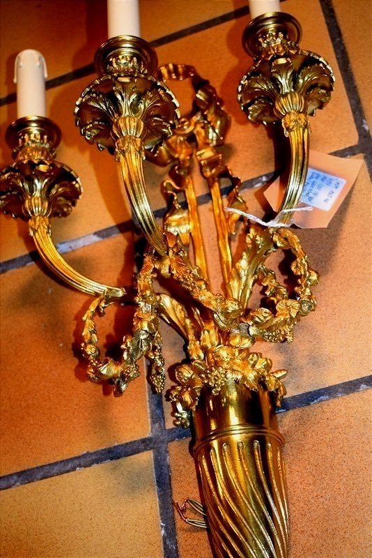 Pair Of Large Gilt Bronze Wall Sconces-photo-2