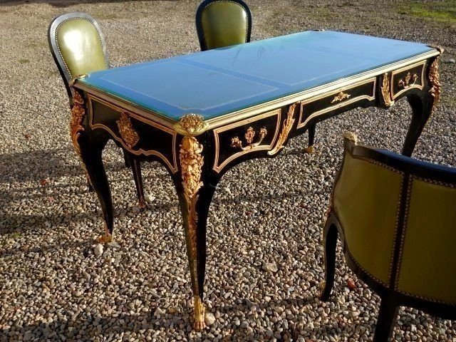 Bureau plat Régence ;  son fauteuil et 2 chaises -photo-3