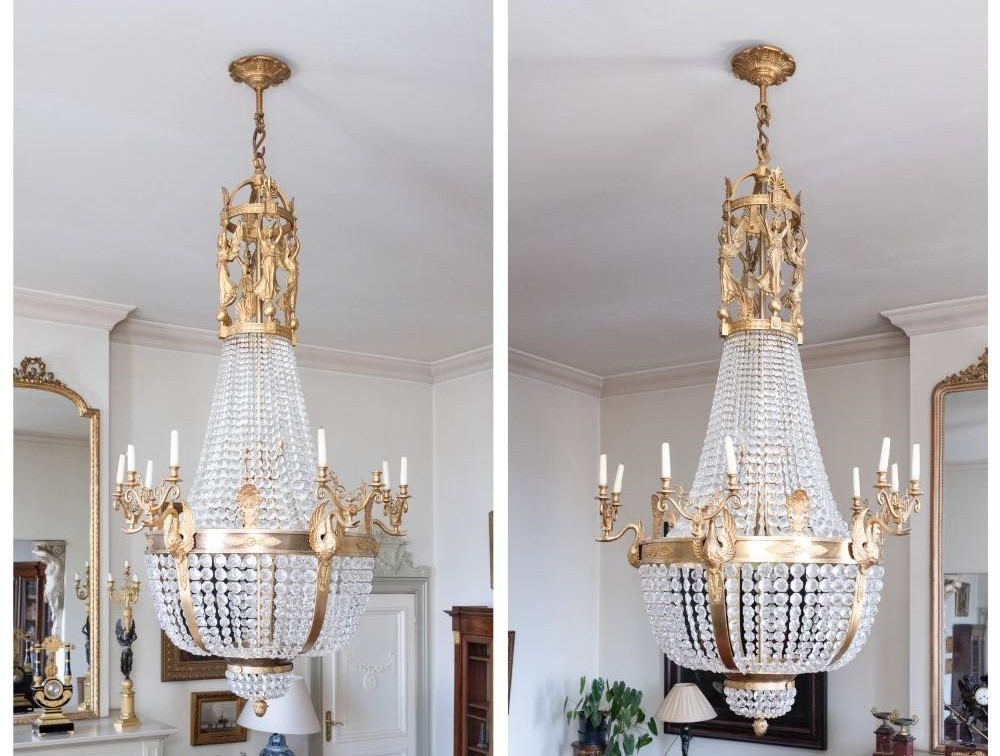 Pair Of Palatial Size Chandeliers In Bronze And Crystal
