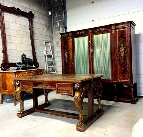 Bureau plat et bibliothèque Empire 