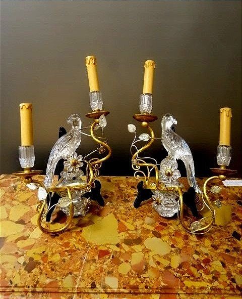 Pair Of Wall Sconces Featuring Parrots