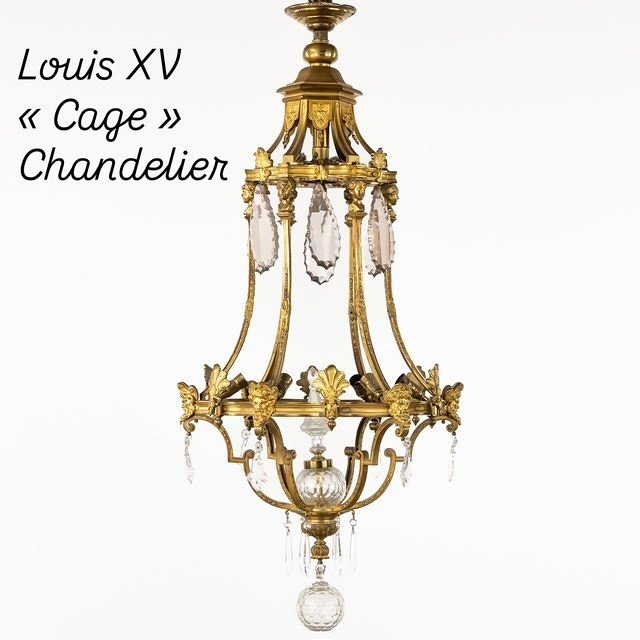 Lustre "cage" en bronze doré et cristal-photo-2