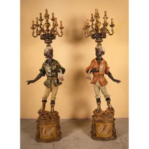 Paire de nubiens en bois polychrome
