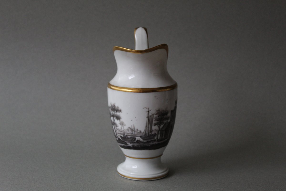  Paris:  Pot à lait en porcelaine à décor en grisaille d'un paysage  début19ème Siècle-photo-2