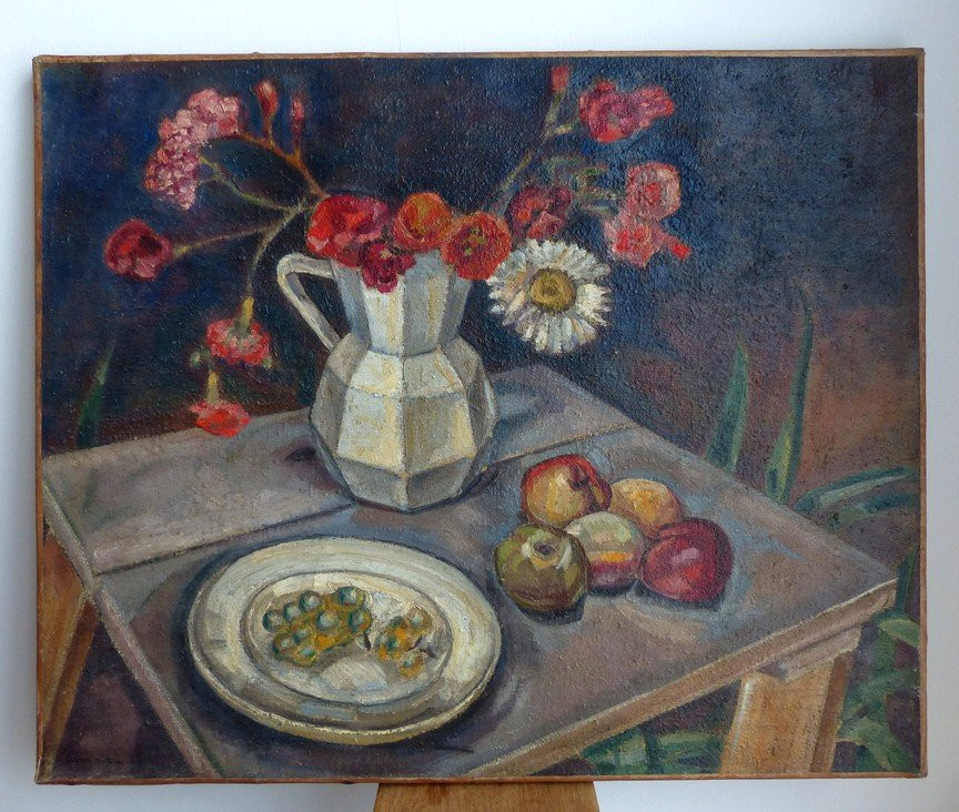 André Lemaitre, Nature morte aux Fleurs, pommes et raisins-photo-2