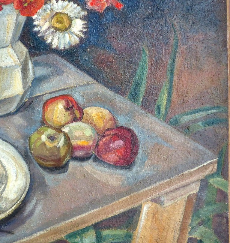 André Lemaitre, Nature morte aux Fleurs, pommes et raisins-photo-3