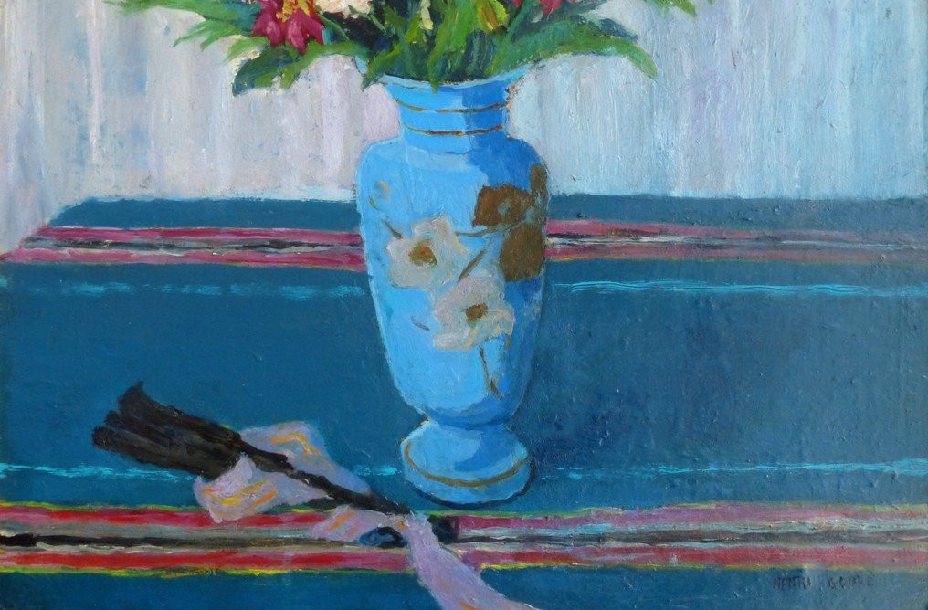 Nature morte au vase de fleurs et éventail-photo-3