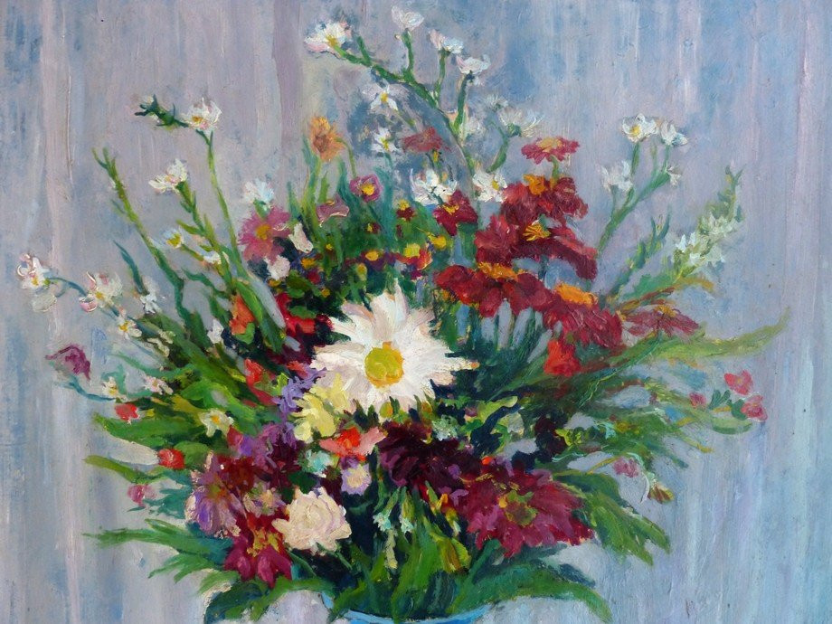 Nature morte au vase de fleurs et éventail-photo-1