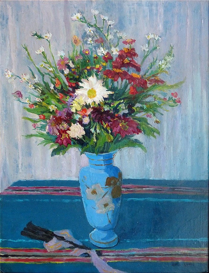 Nature morte au vase de fleurs et éventail
