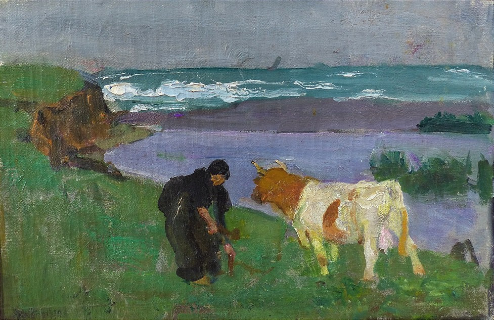 Ecole Bretonne vers 1910,  bergère et vache.