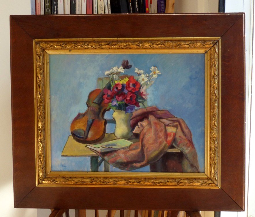 Gustave Lino,  Nature morte au violon et vase de fleurs-photo-1