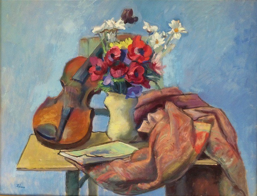 Gustave Lino,  Nature morte au violon et vase de fleurs