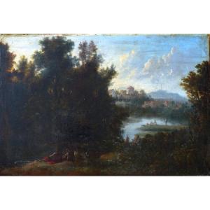 Ecole Italienne XVIIème, paysage lacustre