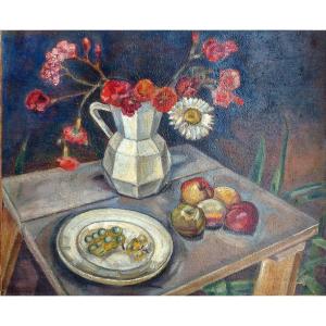 André Lemaitre, Nature morte aux Fleurs, pommes et raisins