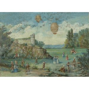 Late 18th-century, Early 19th-century School Painting: The Flight Of The Hot-air Balloons