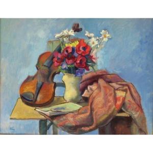Gustave Lino, Still Life With A Violin And A Vase Of Flowers