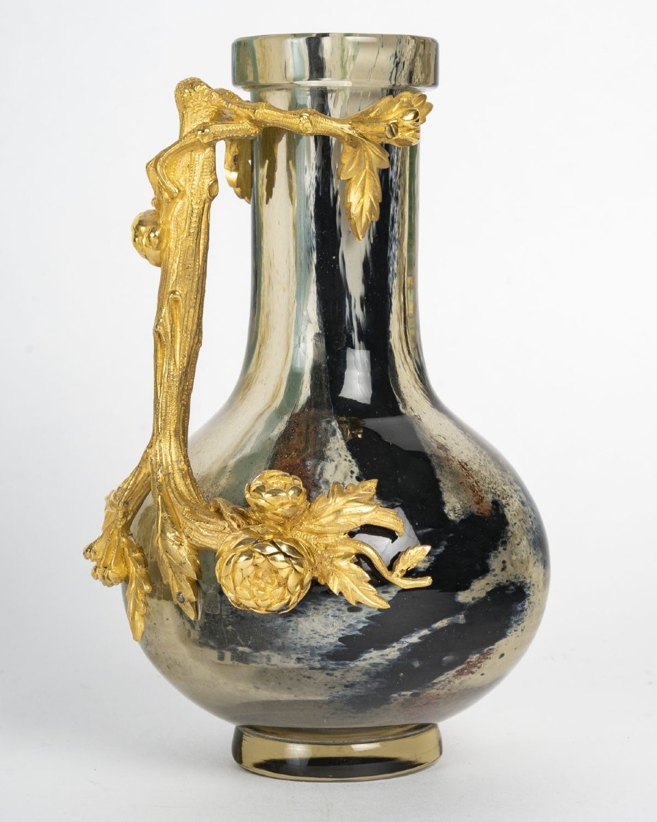 Ernest-Baptiste Leveillé (1841-1913) – Vase en cristal soufflé multicouches, monture en bronze -photo-1